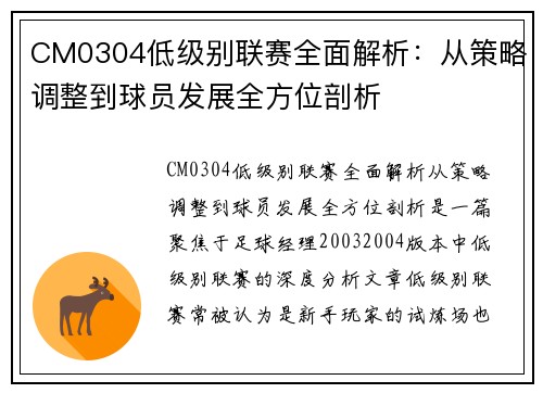 CM0304低级别联赛全面解析：从策略调整到球员发展全方位剖析