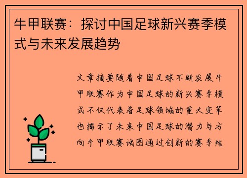 牛甲联赛：探讨中国足球新兴赛季模式与未来发展趋势