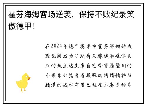 霍芬海姆客场逆袭，保持不败纪录笑傲德甲！