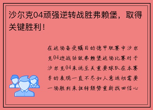 沙尔克04顽强逆转战胜弗赖堡，取得关键胜利！